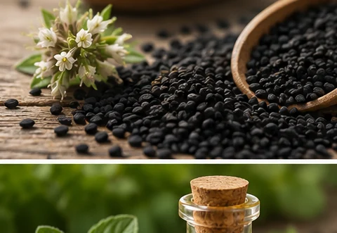 Black seeds (Nigella sativa) with a white flower on wood